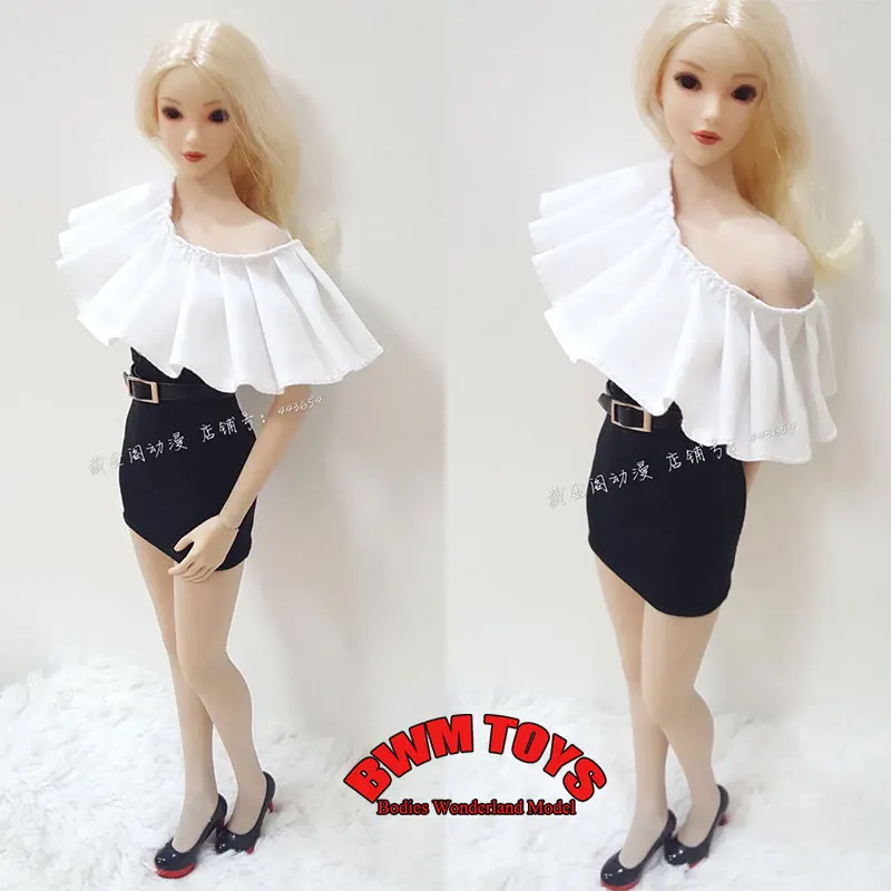 In Stock 1/6 Scale Female Soldier Sexy One Shoulder Ruffle Top Black Hip Hugging Skirt For 12inch Action Figure Doll