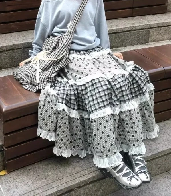 Women A-line Skirt  Plaid Polka Dot Lace Patchwork Ruffles Harajuku Korean Style Midi Skirt New Arrival C