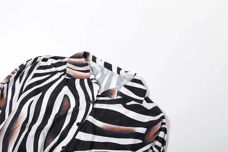 Zebra Striped Print Mini Shirt Dress Women Fashion Turn Down Collar Long Sleeve Single Breasted Bodycon Casual Dresses Clubwear