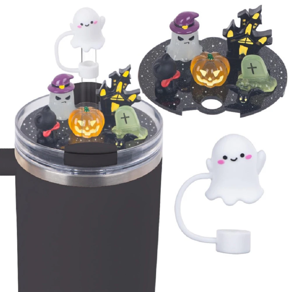 Halloween Lid Accessories Charms with Ghost Straw Topper Replacement Cup Top Decor for Stanley 40oz Tumbler with Handle