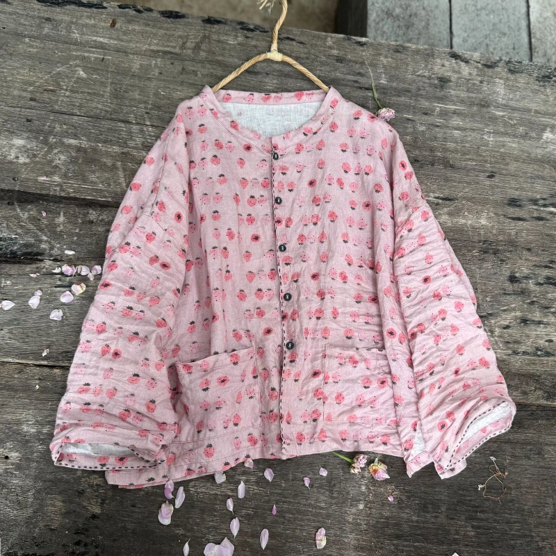 Women's 2025 Handmade New Autumn Fall Casual Loose Short Jackets Female Round Neck Long Sleeves Vintage Cotton Ramie Outwear