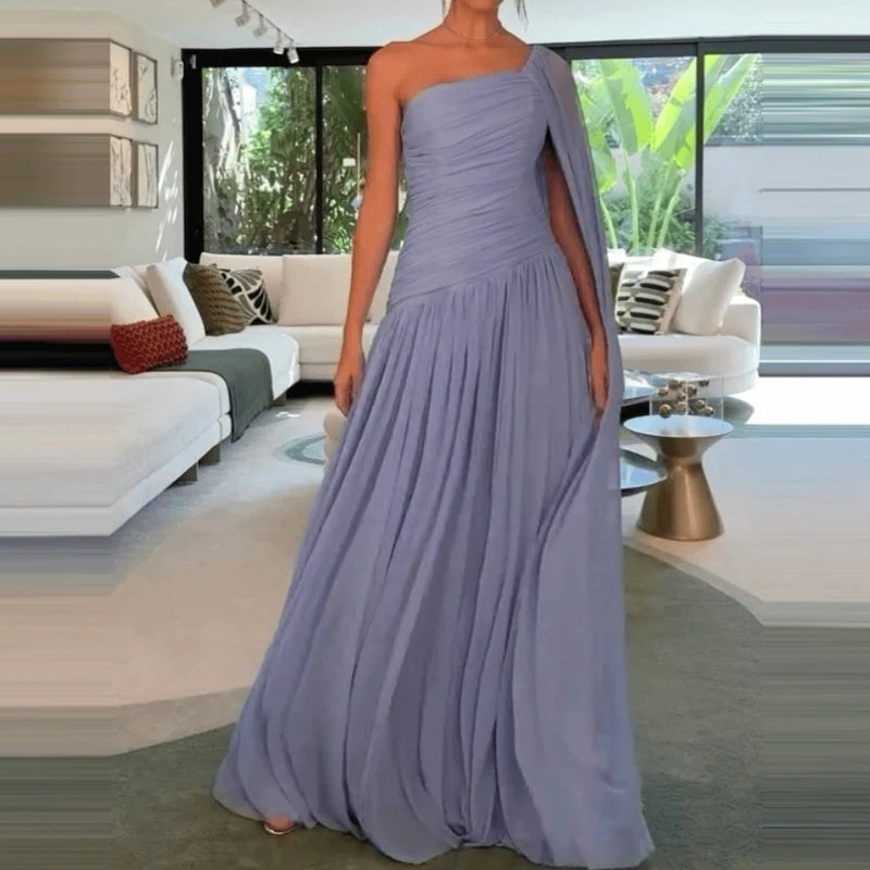 

Elegant Solid Color High Waist Dresses Sexy Slash Collar Ribbon Ruffles Evening Dress Summer Sleeveless Slim Chiffon Party Dress