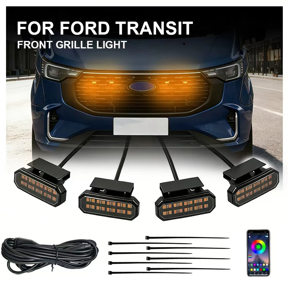 

Для Ford Transit: комплект из 4 светодиодных фонарей для передней решетки, крепление на клипсах, янтарное освещение, с предохранителем и проводкой.