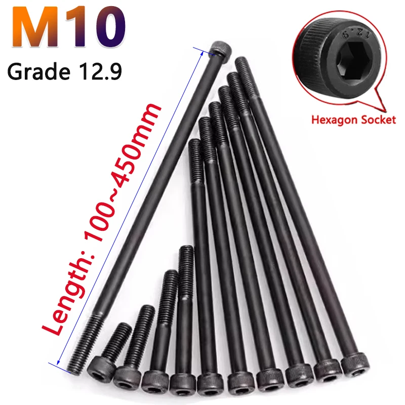 

Ultra Long M10 Black Hexagon Hex Socket Head Cap Allen Bolt Screw Length 100 110 120 - 450mm Half Thread Carbon Steel Grade 12.9
