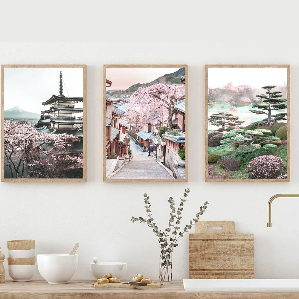 أزهار الكرز اليابانية معبد قرية المشهد قماش اللوحة الملصقات والمطبوعات صور فنية للجدران غرفة المعيشة ديكور المنزل