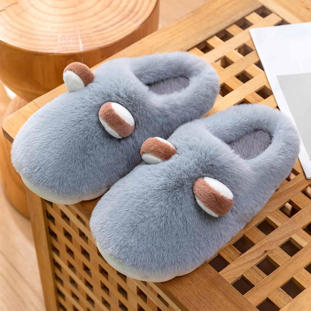 

New Cotton Slippers Cute Furry Slides Non Slip Flats Women Autumn Winter Home Couples Thick Bottom Warm Plush Men Shoes