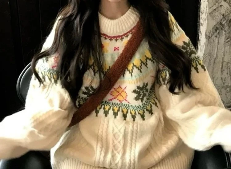 

Sweater Autumn and Winter Women's Loose and Lazy Feeling, Ethnic Style, Heavy Industry Jacquard Round Neck Pullover, Knitted
