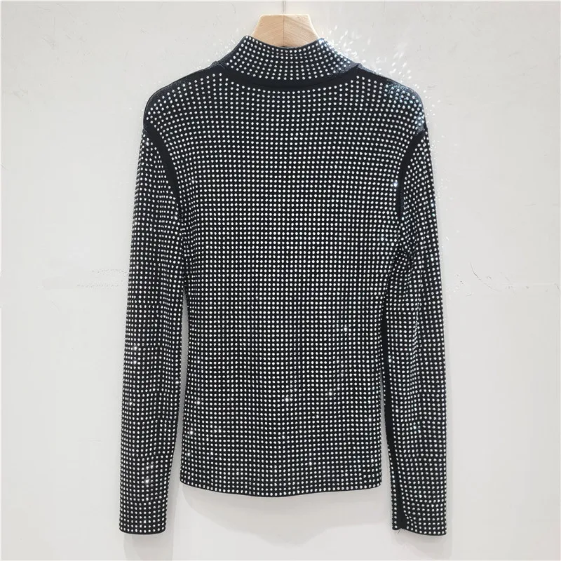 Women's Semi-turtleneck Hot Diamond Versatile Bottoming Shirt 2025 Autumn New Black Tight and Thin Inner Long-sleeved Tshirt Top