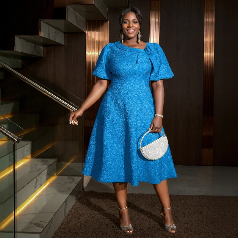 ผู้หญิง Elegant Jacquard A-Line ชุดเดรสแขนสั้น 3D ดอกไม้พัฟแขนวันเกิดงานแต่งงานสํานักงานสุภาพสตรีใส่ทํางาน https: