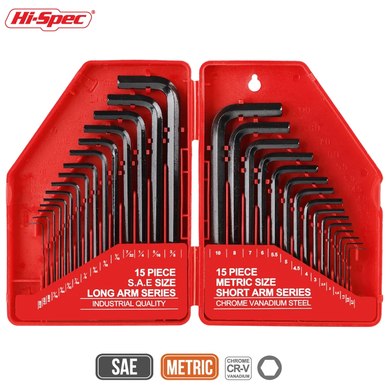 Hi-Spec 30Pcs Hex Key Allen Spanner Set S.A.E/Metric Size L Type Wrench CR-V Steel Hexagon Wrench Long/Short Arm Tool Set