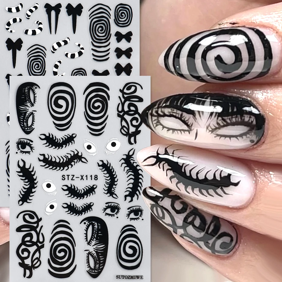 2pcs Black  Eyelash Pupil Swirl Snake Nail Art Sticker Horror Anime Y2K Style Halloween Decal  Janpanese Manicure Slider