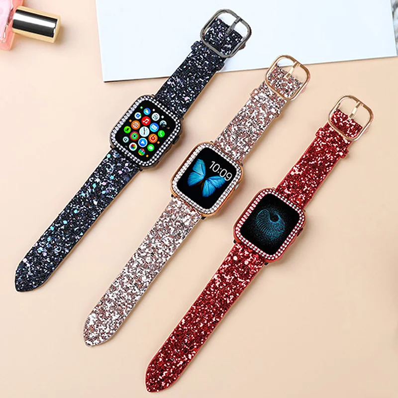 Strap for apple watch band 44mm 45mm 42mm 49mm 38mm 40mm 41mm Luxury Bling Leather Woman Bracelet iwatch se Ultra 8 7 6 5 4 band