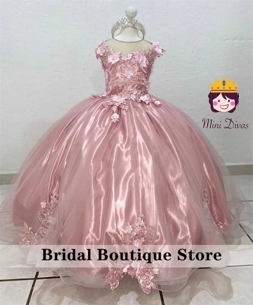 

Luxury Pink Flower Girls Dress Bead Pearls Floral Appliques Ball Gowns Child Dress Kid Birthday Party Gown