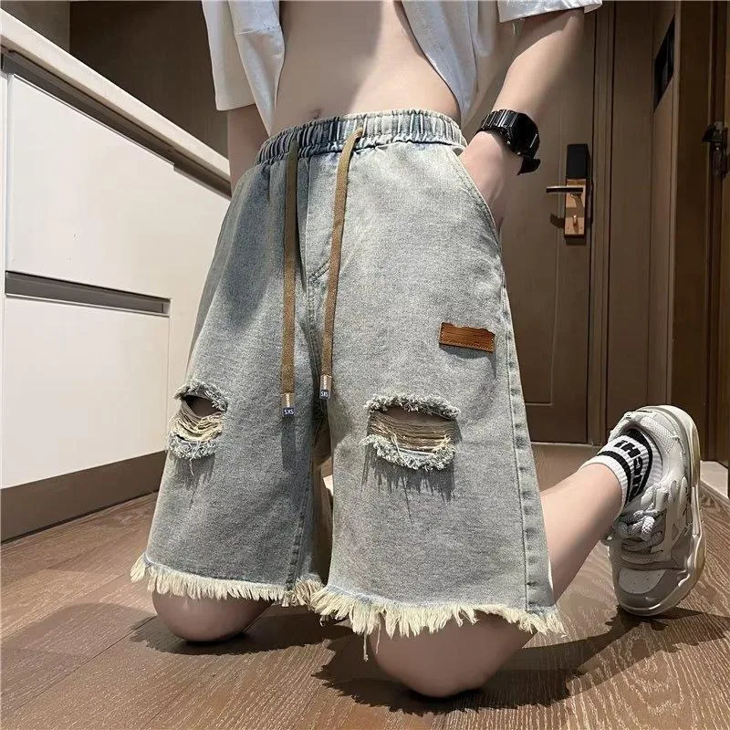 Men's Summer Trendy Washed Ripped Denim Shorts with Frayed Hem for Casual American Street Style and Comfortable Daily Wear