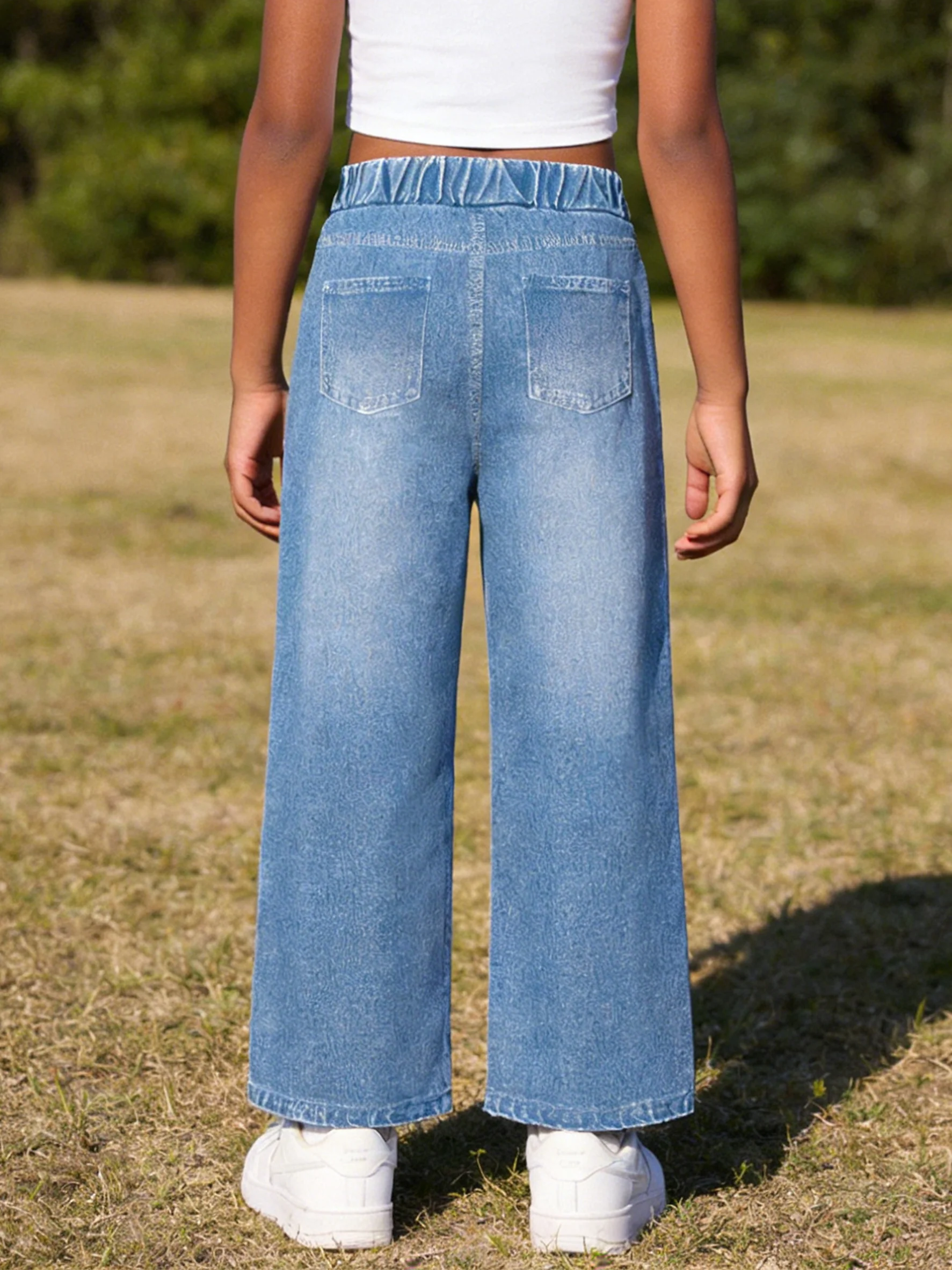 2026 children's light blue imitation denim wide-leg pants, love outline printing, sweet vitality girl style