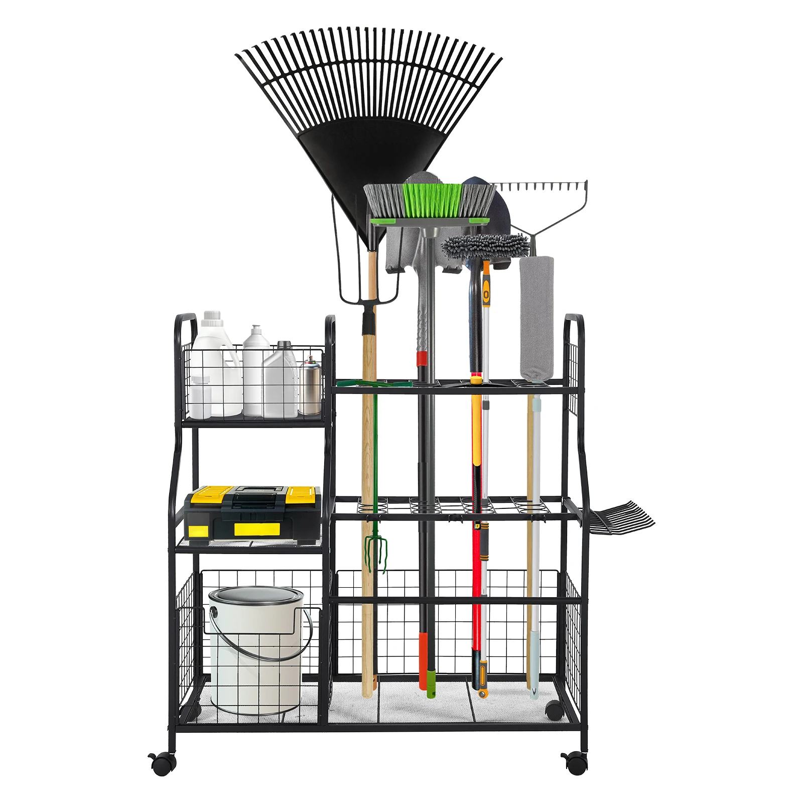 Carrello porta attrezzi da giardino in metallo – Robusto sistema di stoccaggio con cesti, ganci laterali e ruote – Può contenere fino a 32 attrezzi con manico lungo – Facile da montare – Ideale per