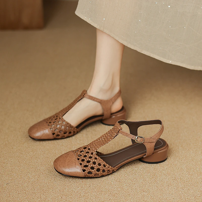 2026 new summer women sandals natural leather 22-25cm sheepskin+microfiber weave t-tied ankle-buckle high heel women shoes f