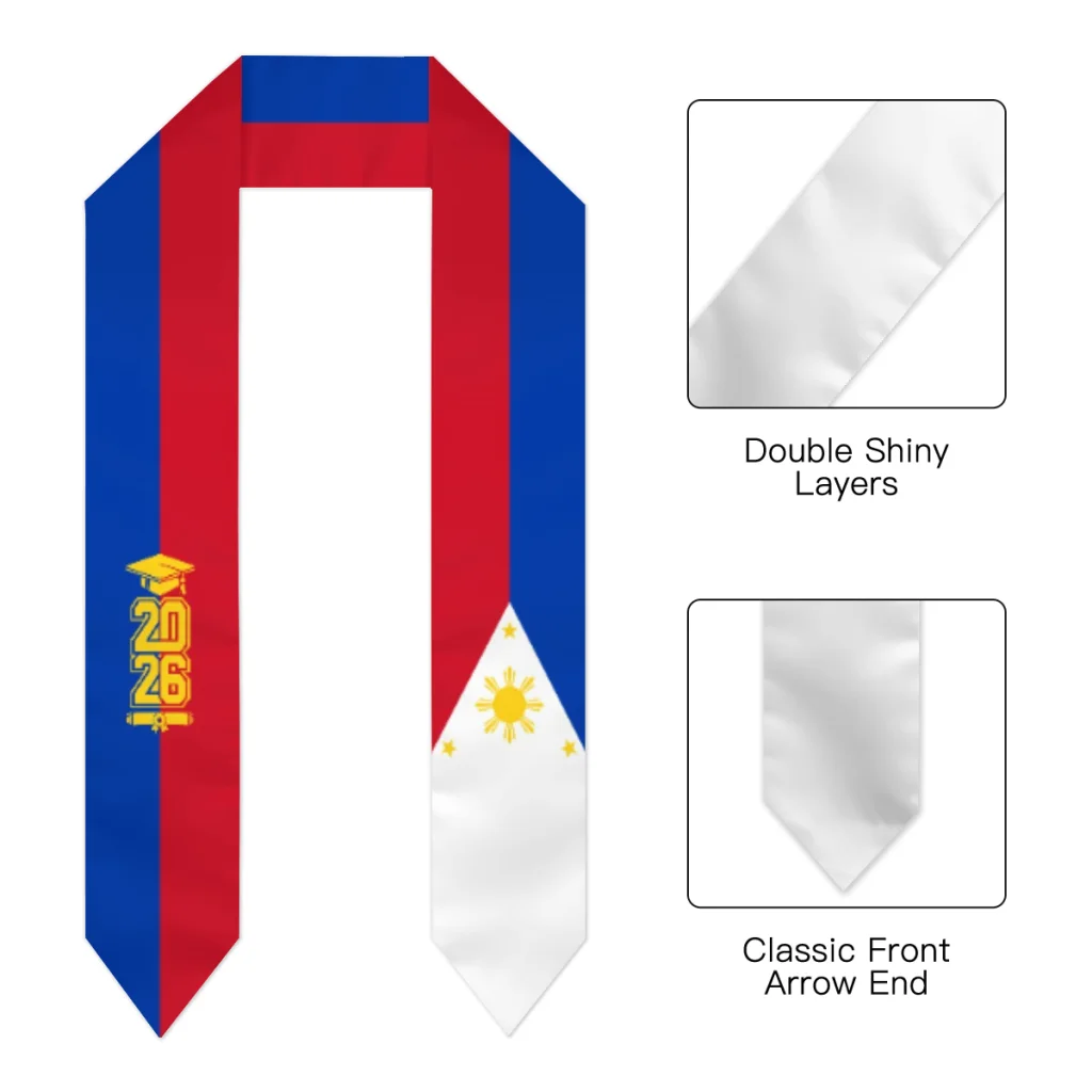 Class of 2026 Philippines Flag Scarf Graduation Sash Stole International Study Abroad Adult Unisex Party Accessory Top Print