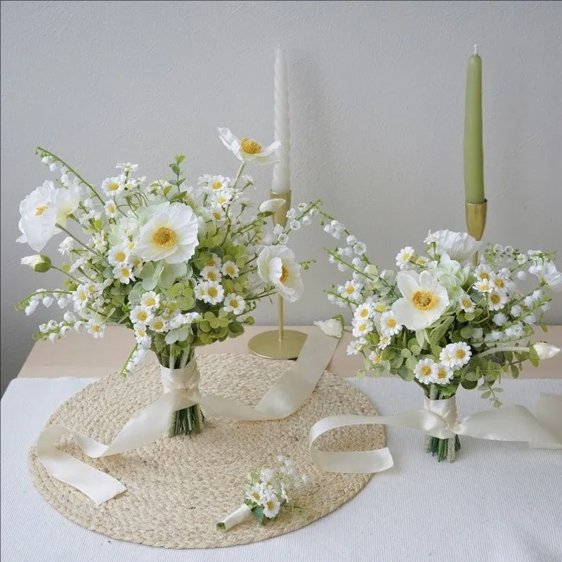 

PEORCHID Chic Daisy Poppy Garden Style Bridal Silk Flower Wedding Bouquet White Faux Artificial Bridesmaid Bruidsboeket 2025