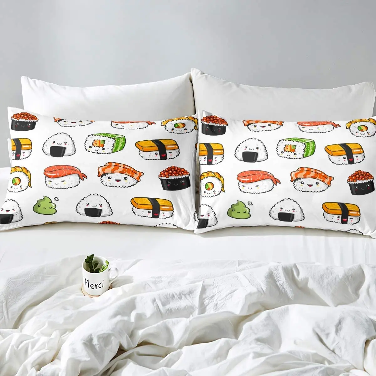 Imagem -06 - Sushi Padrão Lençol Tamanho Completo Bonito Conjunto de Cama para Meninas Adolescentes Decoração do Quarto Crianças dos Desenhos Animados Estilo Japonês Microfibra Macia