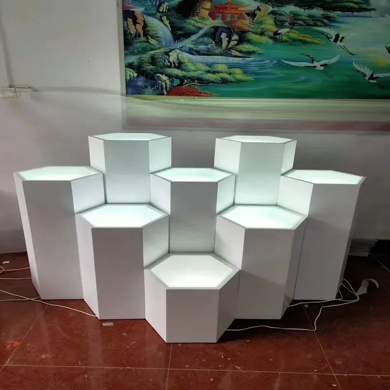 for Customized Hexagonal White Paint Display Stand for Product Model Exhibition Stand Hexagonal Luminous Platform Display