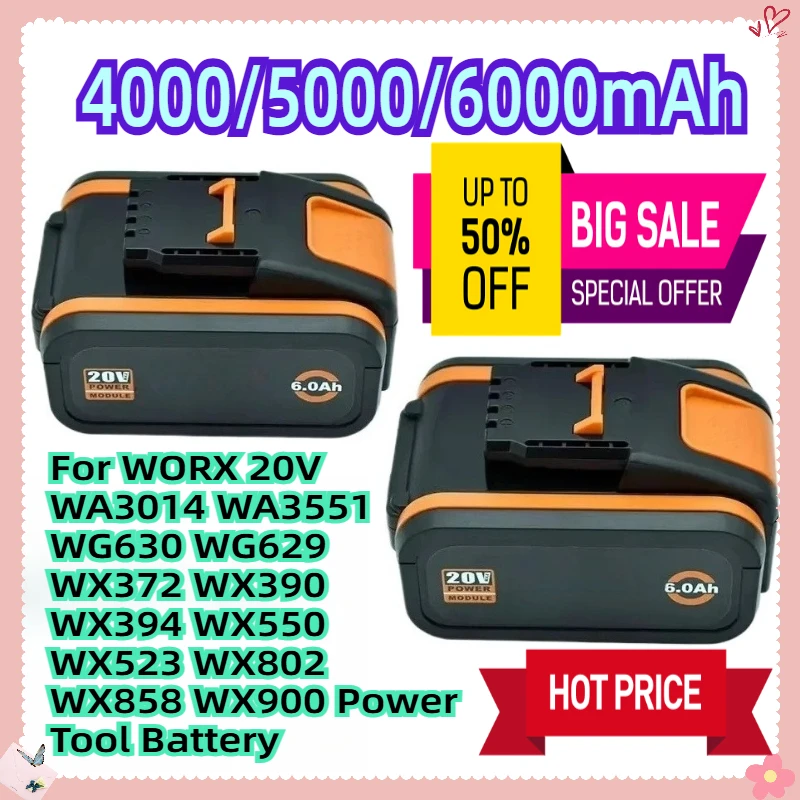 

For WORX 20V WA3014 WA3551 WG630 WG629 WX372 WX390 WX394 WX550 WX523 WX802 WX858 WX900 Power Tool Battery