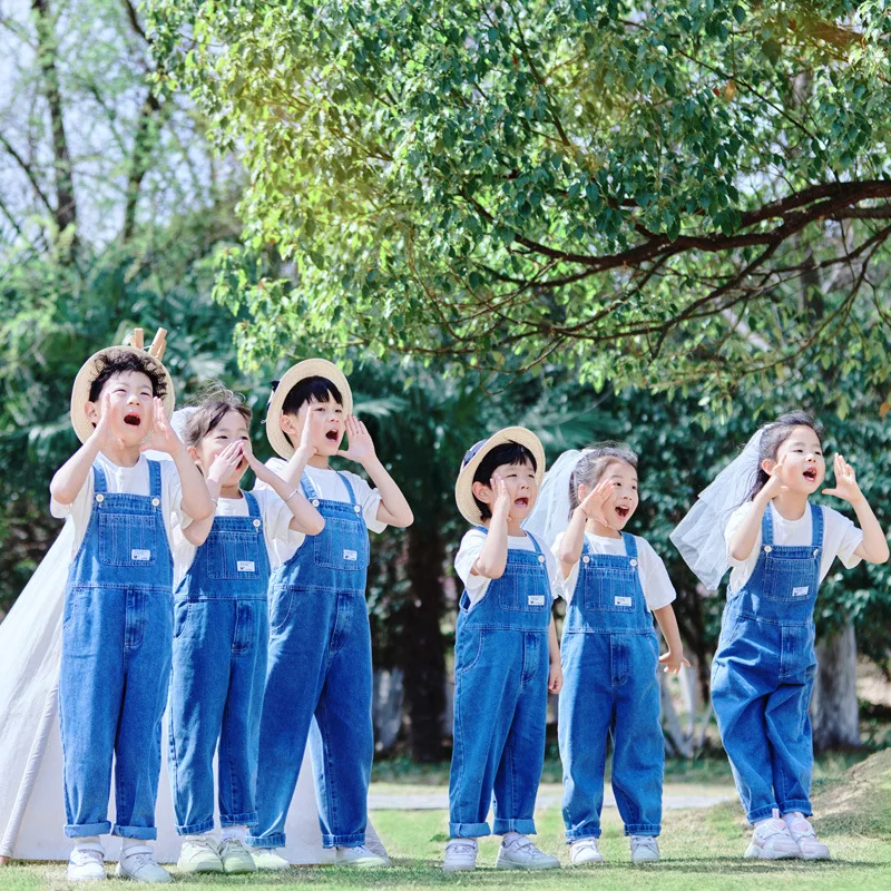 Boys Hip Hop Solid Sweatshirt Denim Loose Overalls Girls Crop Top Kids Dungaree Child Jumpsuit Street Dance Romper Streetwear