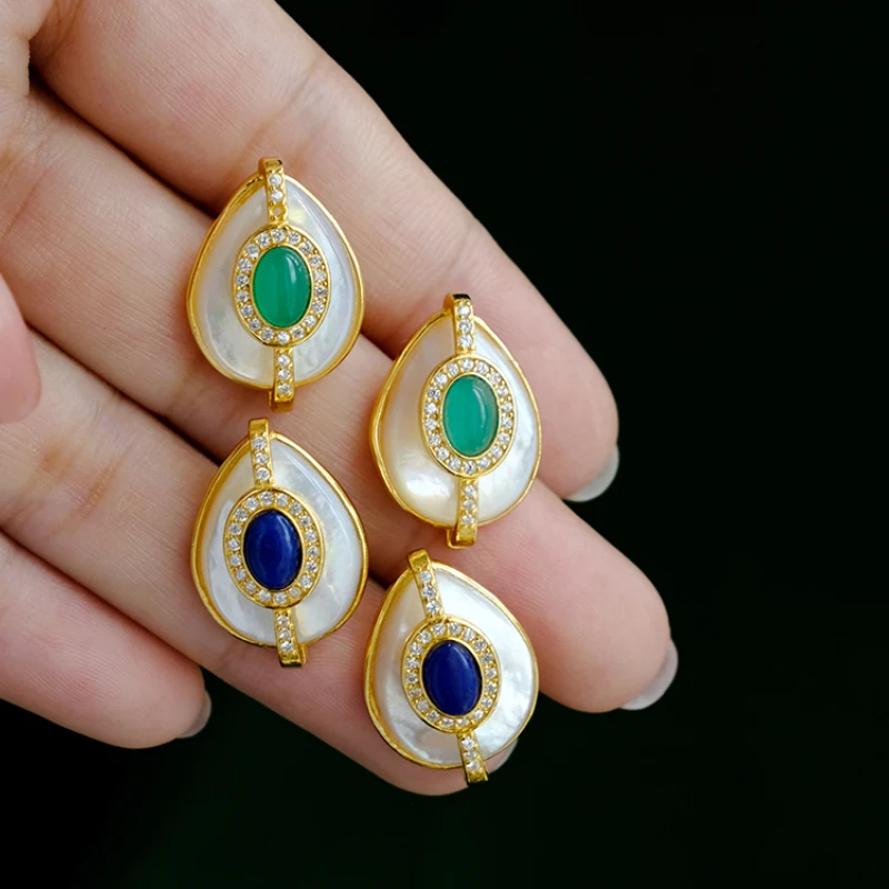 Natuurlijke Chalcedoon Kunstmatige Witte Parelmoervlinder Drop Stud Oorbellen Voor Vrouwen Lapis Lazuli Hoge Kwaliteit Vintage Zilveren Sieraden