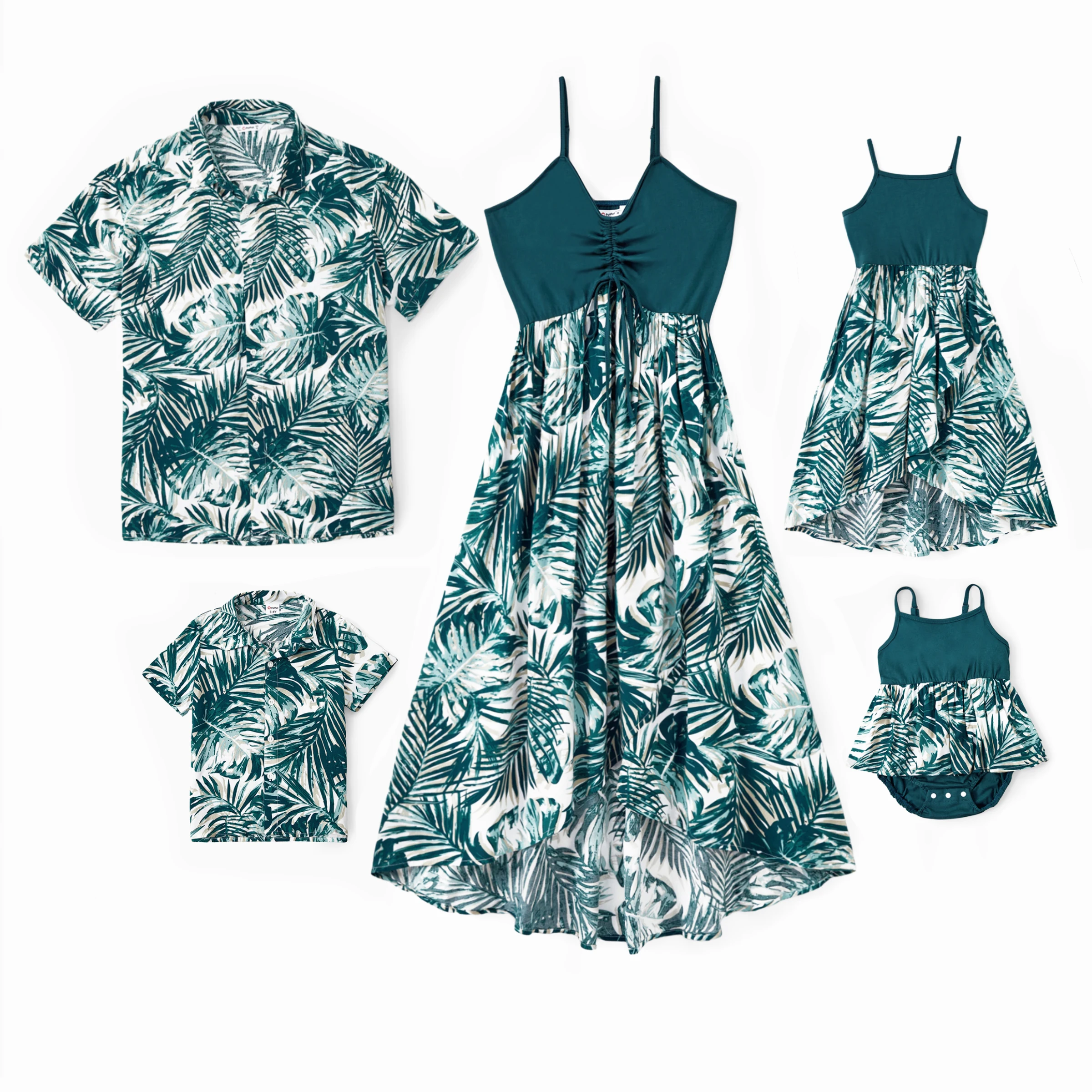 PatPat Family Matching Sets Leaf Pattern Beach Shirt or Drawstring Front Spliced Floral High-Low Dress