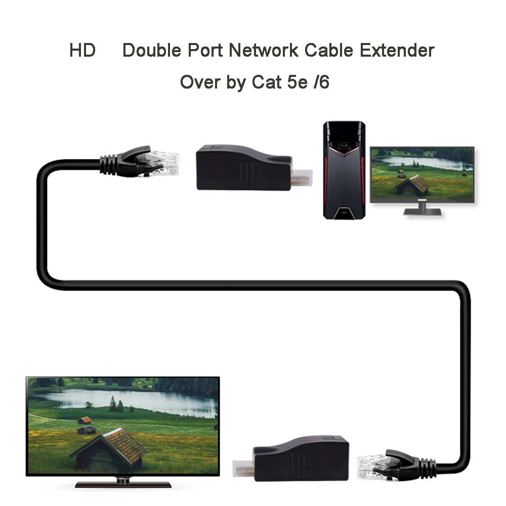 2 szt. Przedłużacz zgodny z HDMI 1080P porty RJ45 rozszerzenie sieci LAN HD 30m nad kabel Ethernet CAT5e/6 UTP LAN dla Monitor HDTV