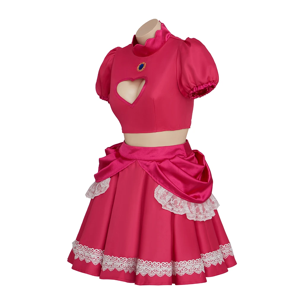 Game Princess Costume Peach Cosplay Sexy Dress with Open Chest Short Sleeve, Dark Pink Crop Top And Pleated Mini Skirt Set