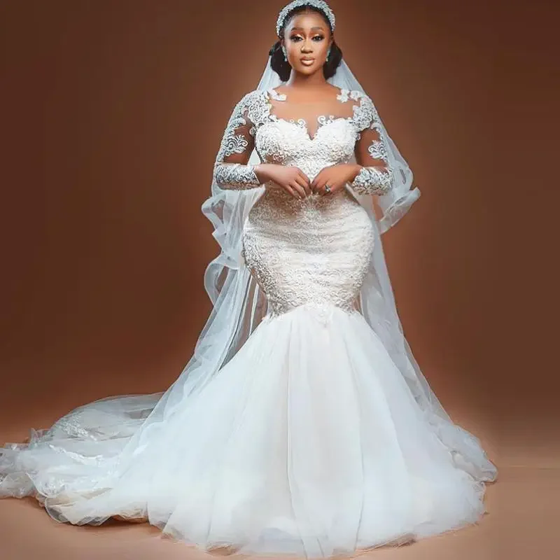 Plus Size Mermaid Wedding Dresses African Sheer Neck Long Sleeves Appliques Bridal Gown vestidos de novia Without Veil