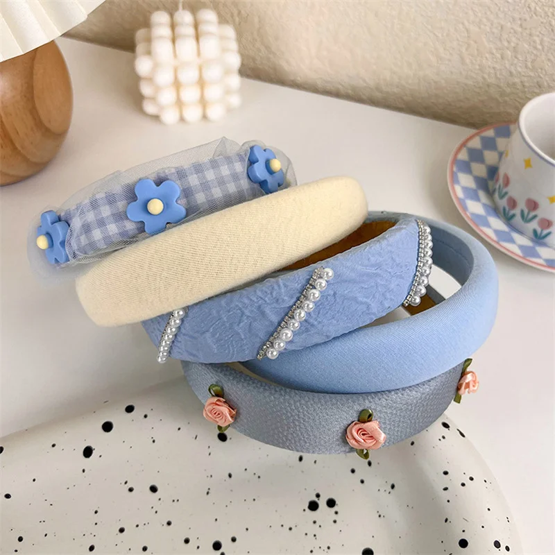 UXSL Fashion Blue Mesh Pearl Flowers Headband Women Elegant Hair Band Hair Decoration Girl Sweet Wide Hair Hoop Hair Accessories