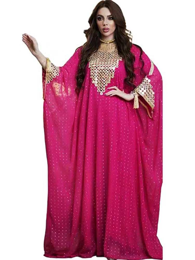 Imagem -02 - Muçulmano Abaya Mulheres Vestido Grupo Chiffon Lantejoulas Manga Bat Vestido Extragrande Dubai Turquia Árabe Marrocos Vestido Caftan Pcs