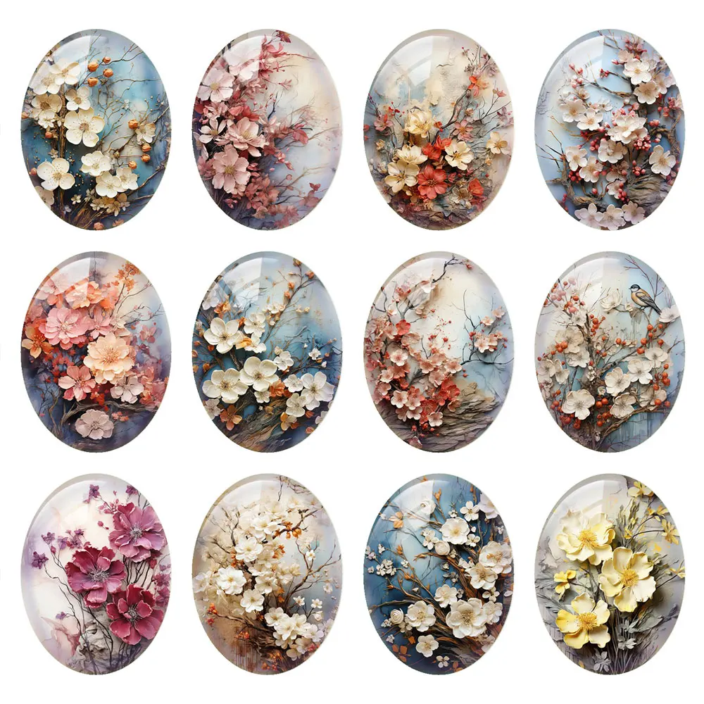 

10pcs/lots Flower Oval Photo Glass Cabochon Plum Blossom Charms Demo Flat Back Cameo For Diy Jewelry Making Accessories