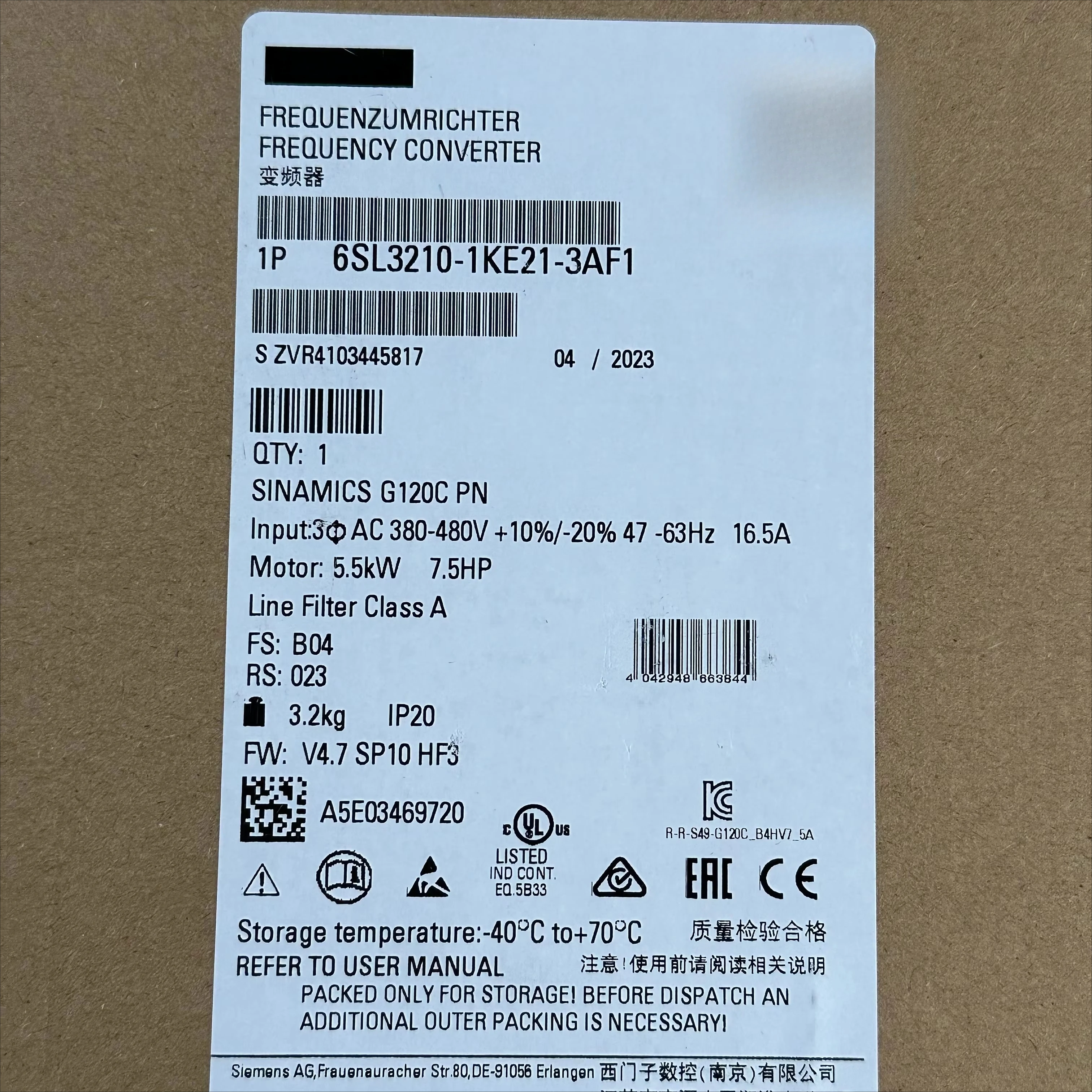Original Brand New VFD SINAMICS G120C Converter FSD 3AC 380-480V 30kW Inverter 6SL3210-1KE26-0UF1