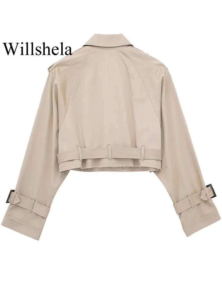 Willshela Women Fashion With Belt Cropped Trench Jacket Vintage Notched Neck Long Sleeve Female Chic Lady Coat Outfits