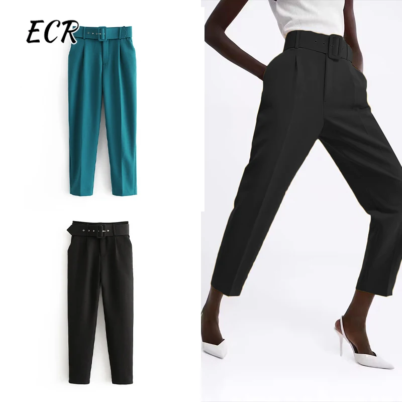 

ECR Solid Straight Pencil Trousers For Women Gathered Waist Patchwork Belt Minimalist Loose Pants Female Fashion Clothing New