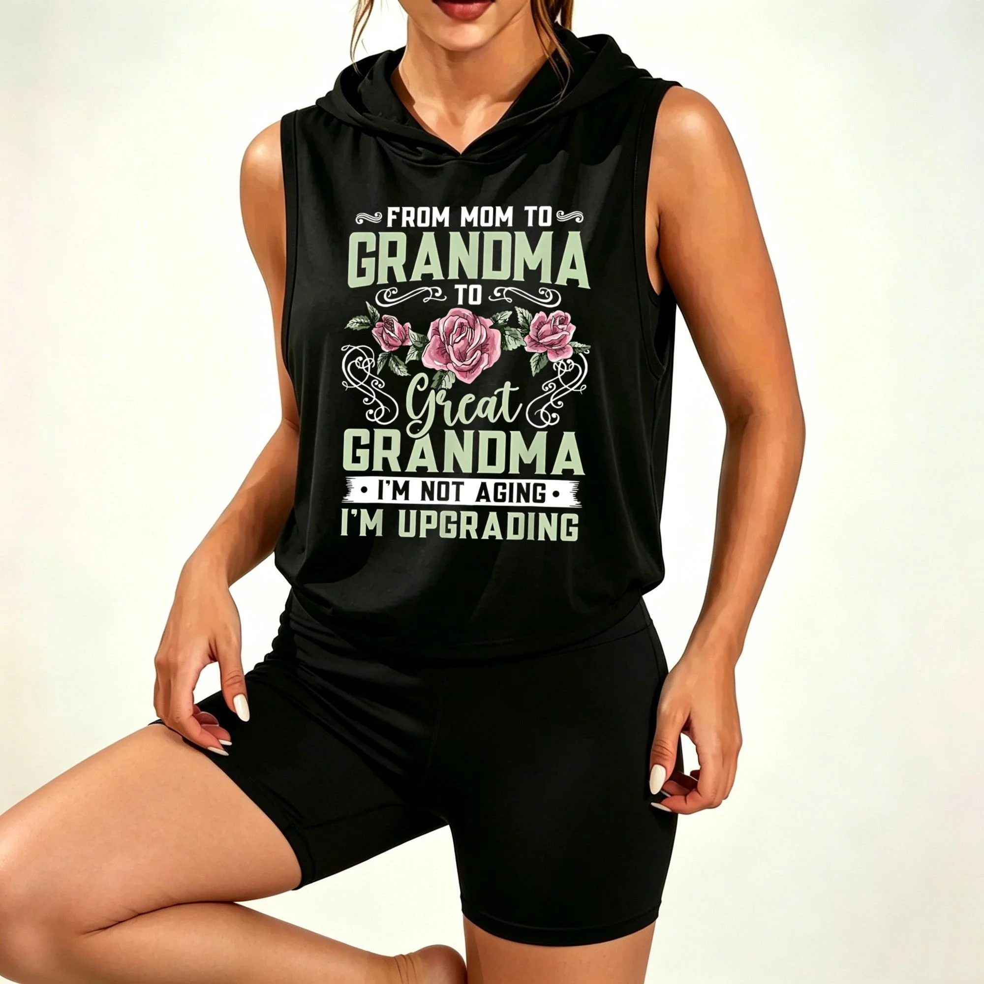 Women Great Grandma Slogan Rose Floral Print Sleeveless Hooded Tank Top & High‑Waist Biker Shorts 2‑Piece Set,activewear for workout  daily loungewear