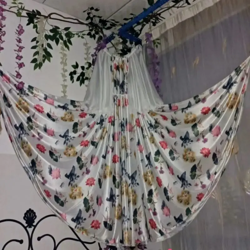 Men Women Elastic Ruched Collar Loose Maxi Night Dress Flower Double Sided Silky Ice Silk Long Dress Sleeping Robe Oversized