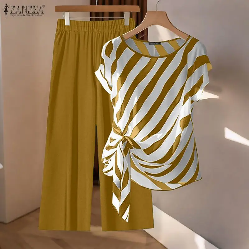 

ZANZEA Модные элегантные летние комплекты из 2 предметов, женские полосатые топы с короткими рукавами, широкие брюки с эластичной резинкой на талии, повседневные комплекты брюк, 2 шт.