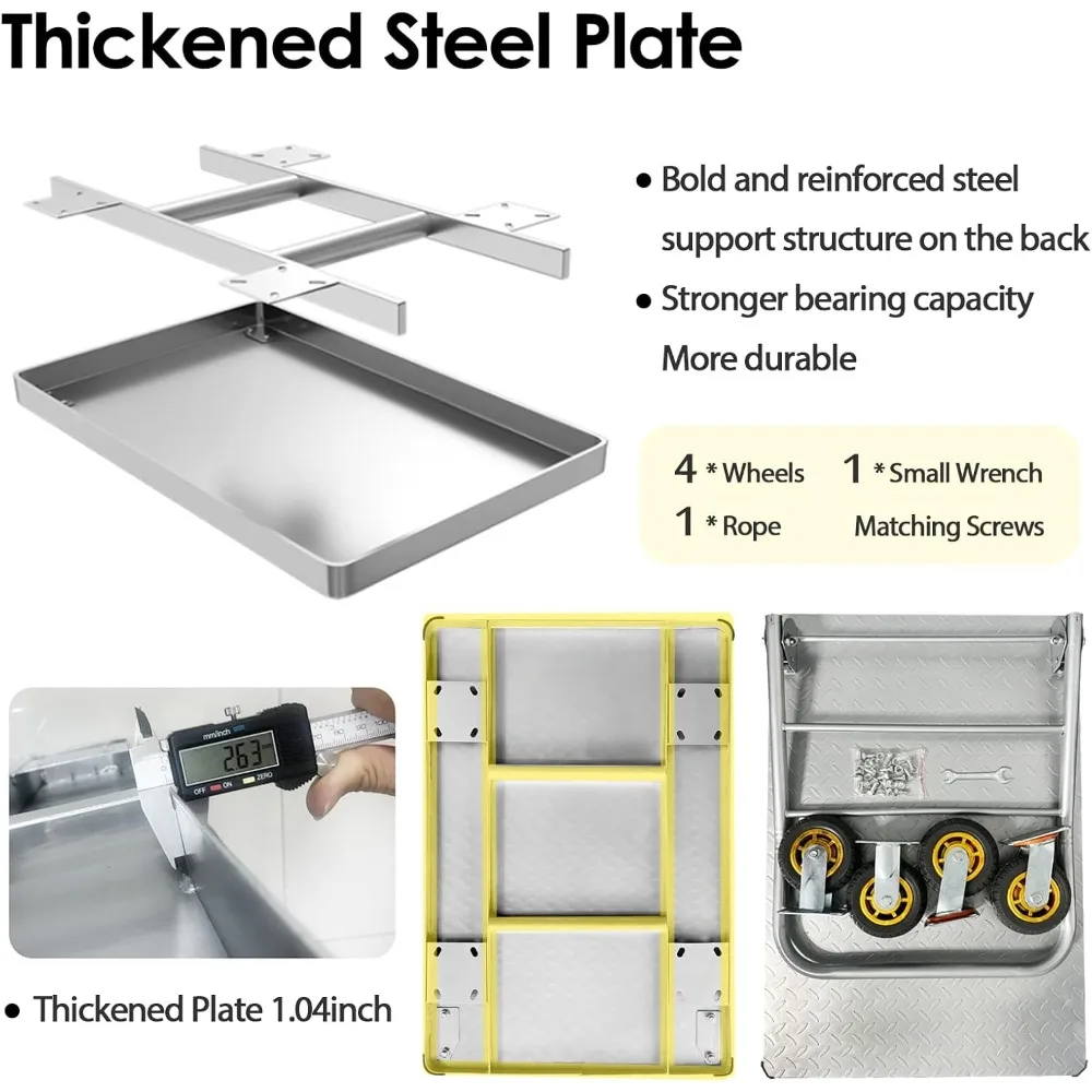 عربة دفع شديدة التحمل مع سعة 2000 رطل، عربة مسطحة متحركة قابلة للطي مع عجلات دوارة مقاس 6 بوصات من الفولاذ الكبير