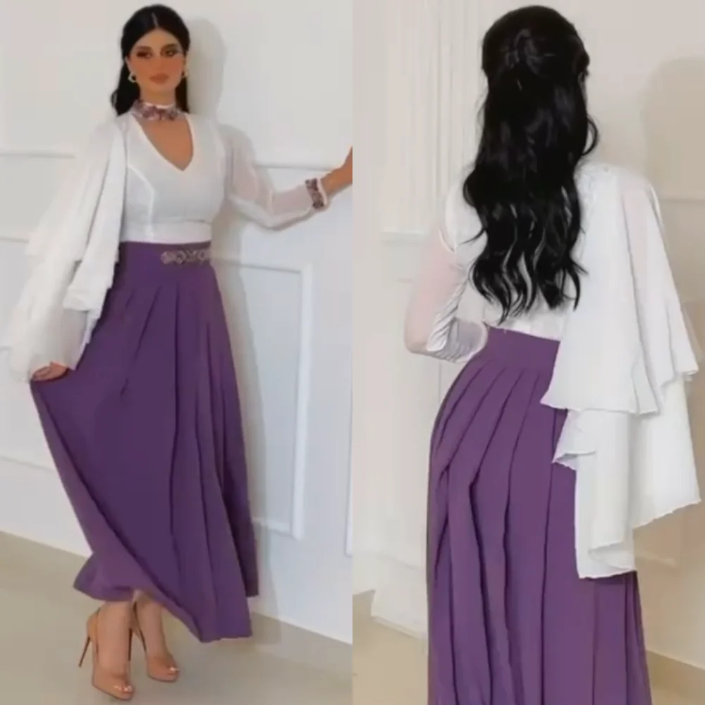 Jiayigong-vestido de noche fruncido con estampado de gasa, traje Midi con cuello en V, a medida, Arabia Saudita