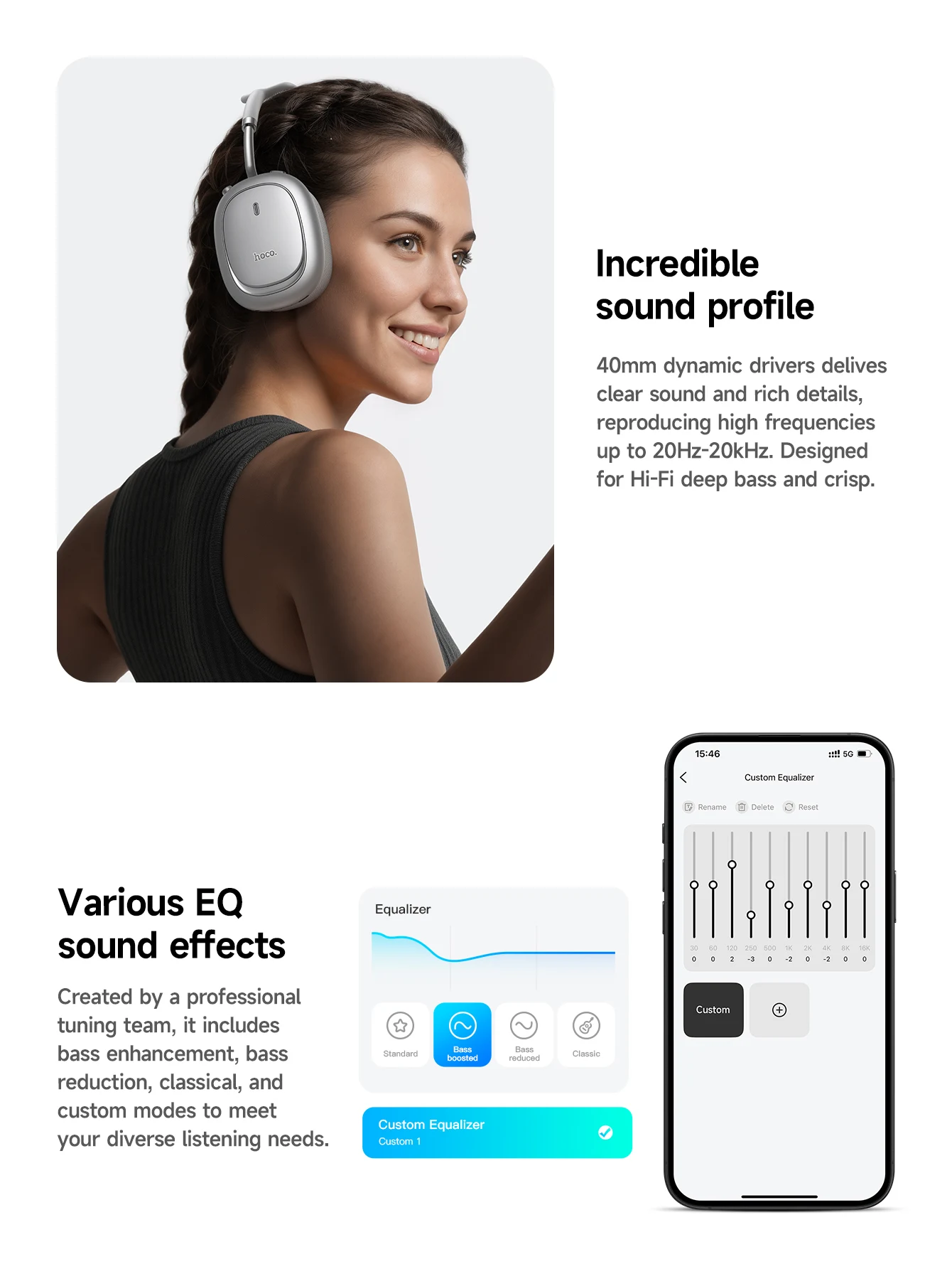 HOCO W68 ANC Geräuschunterdrückende Bluetooth 6.0 Kopfhörer Kabellose Headsets mit App-Steuerungsfunktion und Mikrofon für Telefonanrufe – Detail 3