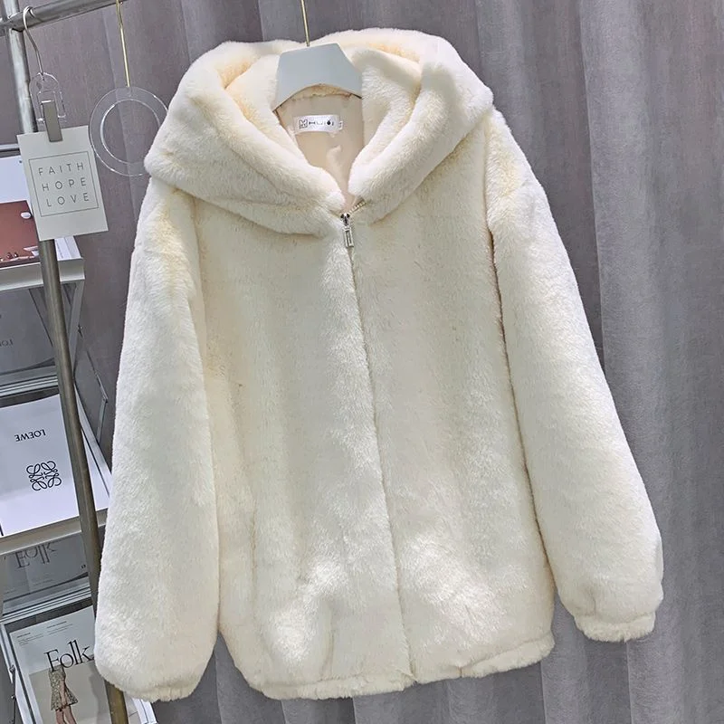 Faux Fur Coat Women's Sheep Shearling Autumn And Winter New Granular Velvet Korean Coat Short Fox Fur Collar Hooded Coat Female