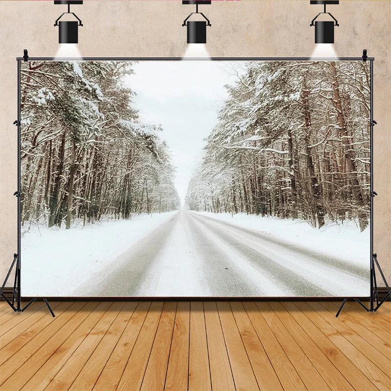 Winter Forest Snowcovered Road Photography Backdrops Blurred Landscape Snowflakes Road Spruce Trees Photo Background XD-04