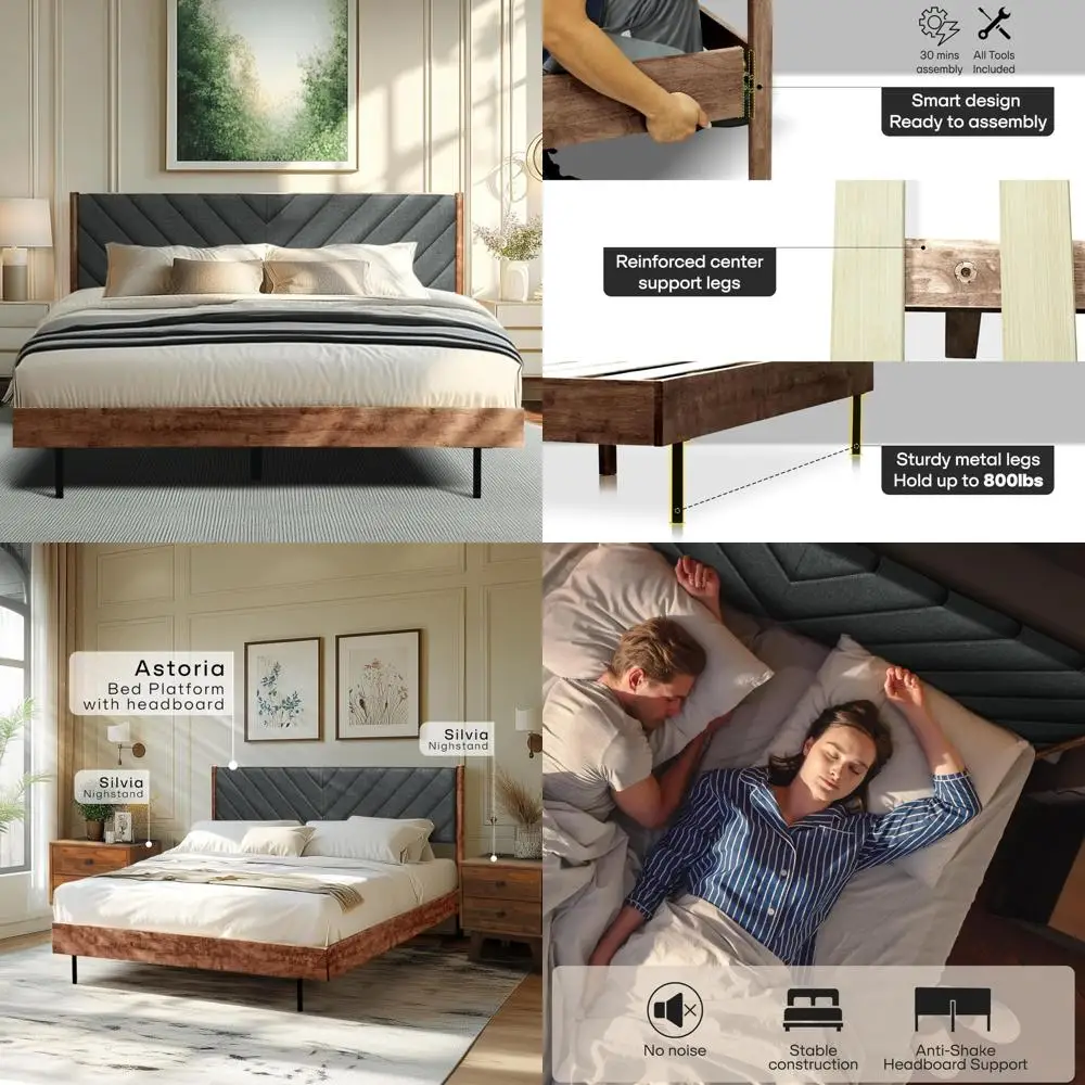 

Queen Size Acacia Astoria Solid Wood Bed Frame with Upholstered Headboard, Stylish and Durable Platform Bed