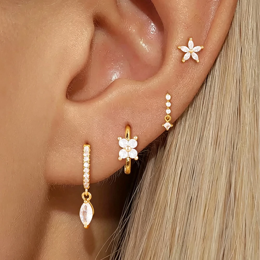 4PCS Stainless Steel Flower Helix Ear Studs Set For Women Horse Eye Zircon Dangle Earring Hypoallergenic Korean Fashion Jewelry