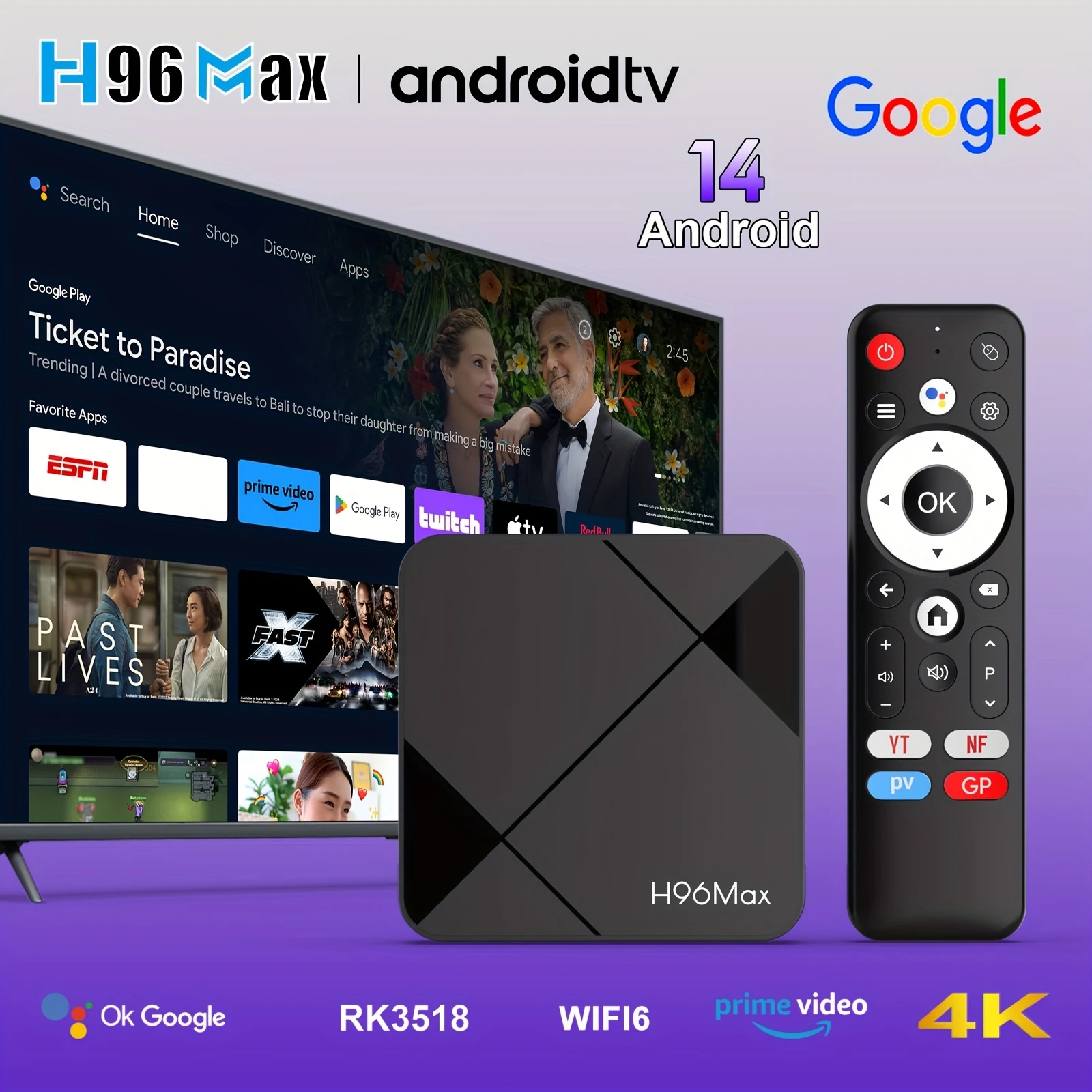 H96 MAX RK3518 TV Box Android14 Smart TV BOX Wifi6 BT5.4 4K رباعي النواة إيثرنت جوجل صوت مساعد مشغل الوسائط فك التشفير