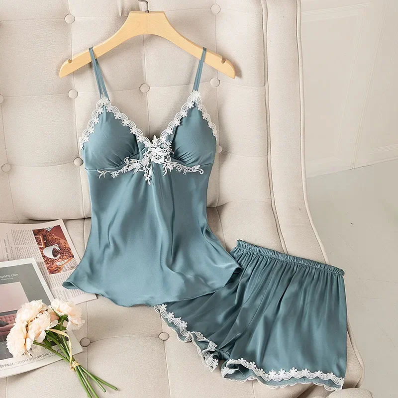 Sexy Lace Homewear Sleep Set Satin White Women 2PCS Pajamas Suit Summer New Novelty Nightwear Intimate Lingerie Pyjamas